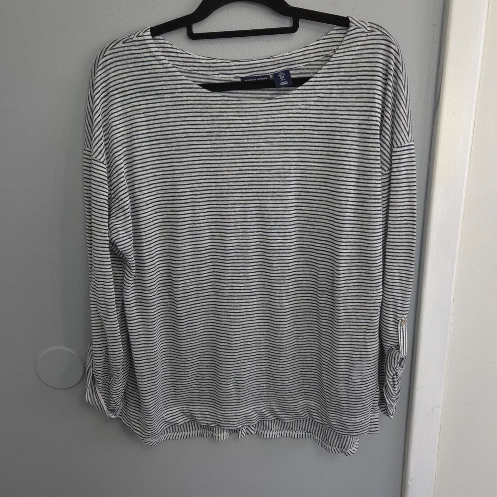 Adrienne Vittadini Navy White Striped 100% Linen Stretch Button Back Top Large